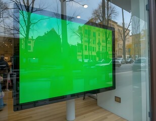 Obraz premium A shop window display with a digital screen inside showing green screen, reflection on the glass