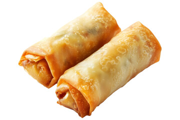 Crispy golden spring rolls with flaky texture shown isolated on white transparent background, representing Asian cuisine snack concept