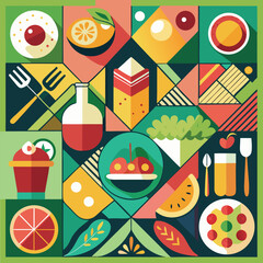 Abstract geometric food in square tiles. Fruits and vegetables. Coffee wine cocktail burger pizza sushi muffin hot dog shrimp noodles racy vector set