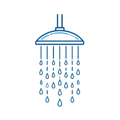 Simple blue line art icon of a shower head with falling water droplets.