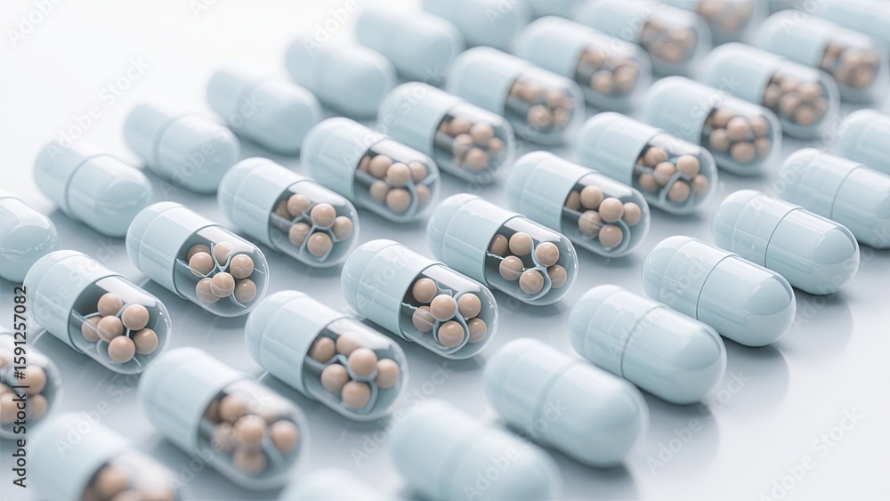 Poster various capsules filled with small spheres are displayed in a precise arrangement on a glossy surfac