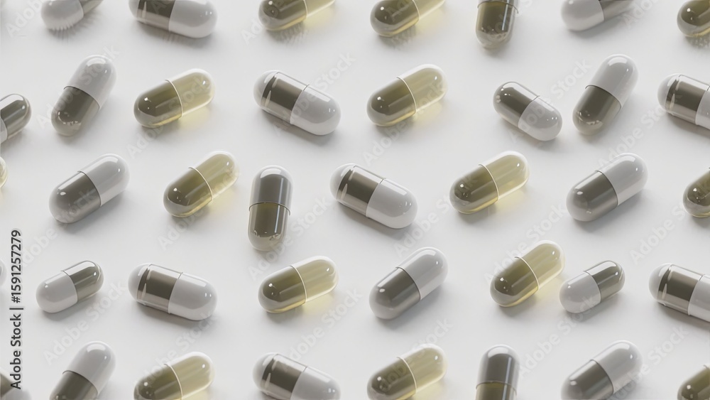 Poster numerous capsules in various colors and sizes are spread across a flat surface, highlighting the div