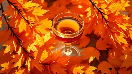 Golden linden leaves around honey wine glass, soft autumn sunlight filtering through amber tones.
