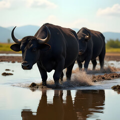 Obraz premium Traditional Rice Farming: Water Buffalo Plowing Field at Sunrise