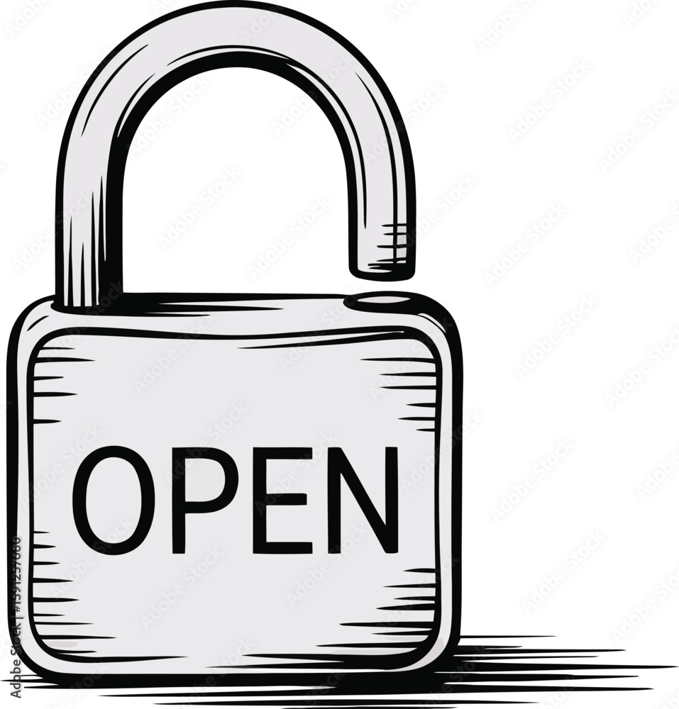 Poster a sketch of an open padlock with the word open written on the lock face in bold capital letters