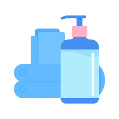 Fototapeta premium Blue disposable gloves and a hand sanitizer bottle with a pink pump dispenser.