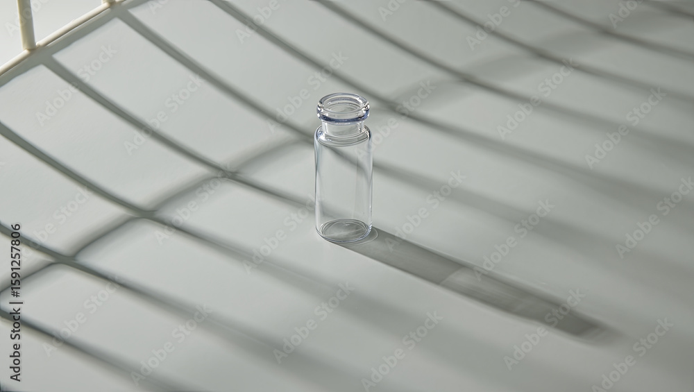 Poster a clear glass bottle stands alone on a flat surface, surrounded by bold shadows created by sunlight 