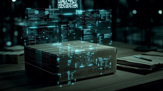 Digital supply chain analytics with holographic interface and QR code scanning for smart package tracking and data analysis in logistics - Powered by Adobe