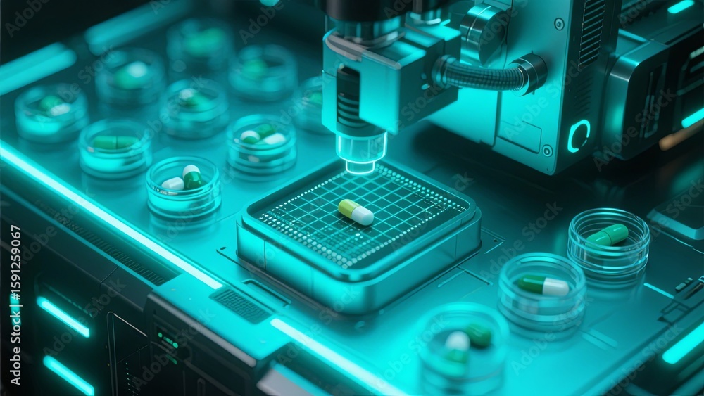 Poster in a high-tech lab, a microscope examines a white capsule placed on a grid platform surrounded by tr