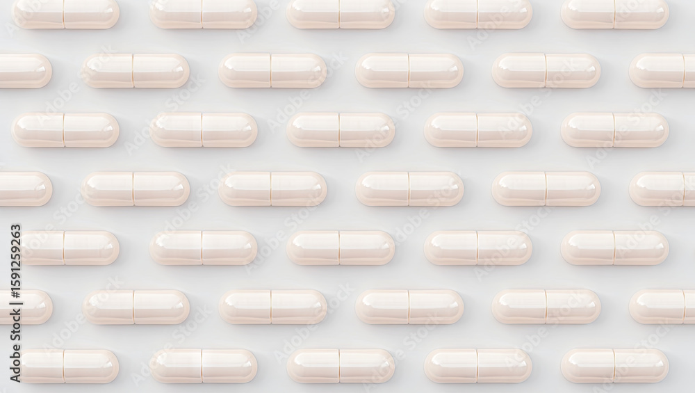 Poster numerous white capsules are neatly organized in rows on a light-colored background. this setup might
