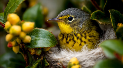 An American warbler in its nest, highly detailed and realistic