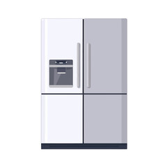 Modern French door refrigerator with four doors, freezer drawers, and a built-in ice and water dispenser.