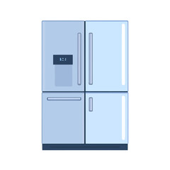 Modern light blue four-door refrigerator with a digital display and bottom freezer.
