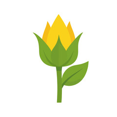 Vibrant yellow flower bud with pointed petals and green sepals in a flat design style.