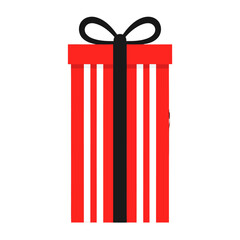 Tall red gift box with vertical white stripes and a simple black ribbon bow.