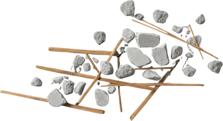 Scattered grey concrete fragments and wooden sticks arranged randomly on black transparent background