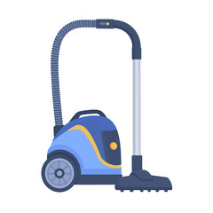 Modern blue canister vacuum cleaner with yellow accents, flexible hose, and large wheels, flat vector illustration.