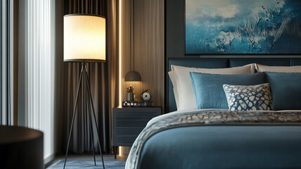 The decorative floor lamp with a cyan fabric shade enhances the cozy ambiance of the bedroom