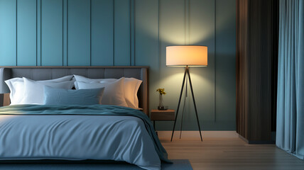 The decorative floor lamp with a cyan fabric shade enhances the cozy ambiance of the bedroom