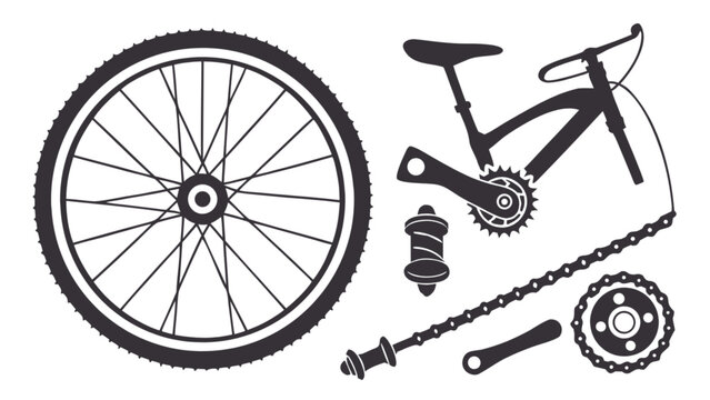 Explore bicycle parts vector illustration for bike repair and maintenance including wheel frame and chainset design