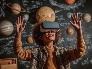 Child wearing virtual reality headset exploring a virtual space.