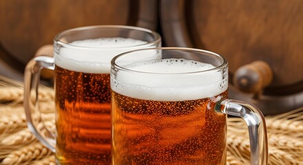 Two mugs of fresh light beer on the background of wooden barrels with wheat. Close up template for advertising a brewery, beer festivals and international beer day with space for text