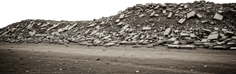 A large pile of broken concrete debris and rubble on a dirt ground isolate