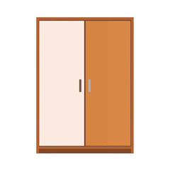 Modern two-door wooden wardrobe with contrasting light and brown doors and simple vertical handles.