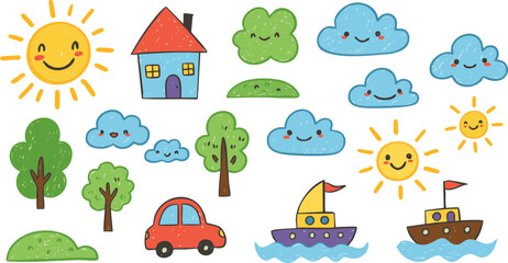 Naklejka premium Seamless pattern with cartoon animals and houses, featuring cars on a road in a green city landscape with sky and clouds