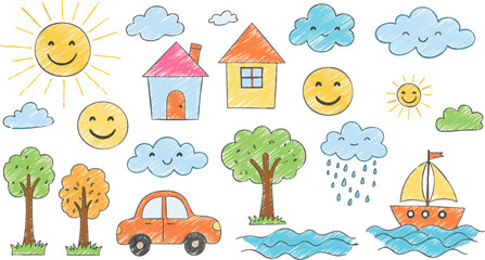 Fototapeta premium Seamless pattern with cartoon animals and houses, featuring cars on a road in a green city landscape with sky and clouds