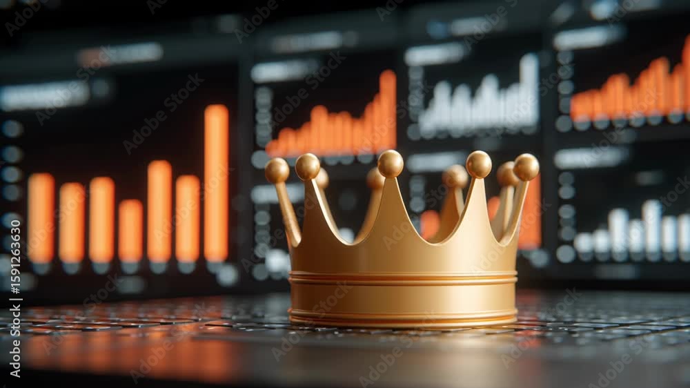 Poster golden crown symbolizes power and success on keyboard amidst data analytics and technology in digita
