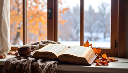 Open Book Resting on Windowsill with Autumn Leaves and Winter Scene
