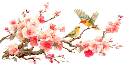 Chinese traditional painting, two birds on a peach tree branch, white background