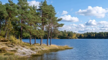 Trees on the shore of a blue lake in late summer