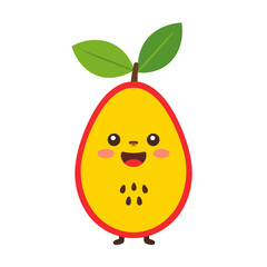 Happy yellow mango fruit mascot with a red peel, blushing cheeks, and two green leaves on top.