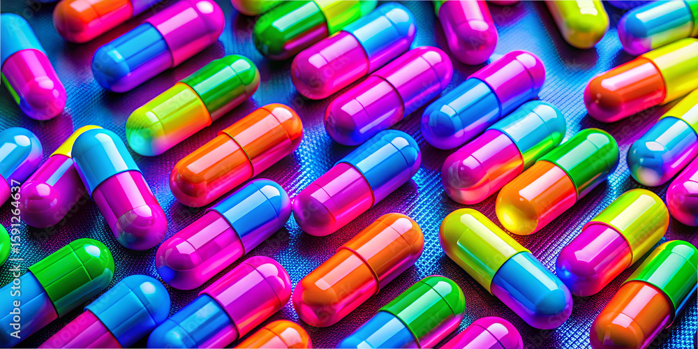 Poster numerous brightly colored capsules are closely packed together on a textured surface, creating a str
