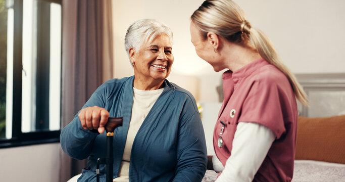 Caregiver, senior woman and walking stick in nursing home for assisted living, homecare and help. Happy patient, nurse and talking in bedroom for healthcare, frail care and support in retirement - Powered by Adobe