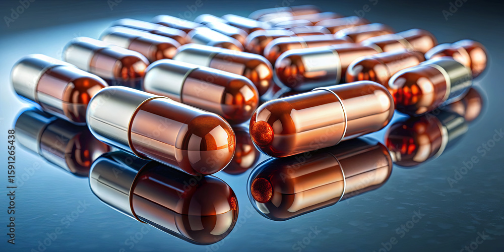 Poster shiny capsules with a copper finish are arranged in a tidy formation on a reflective surface. good l