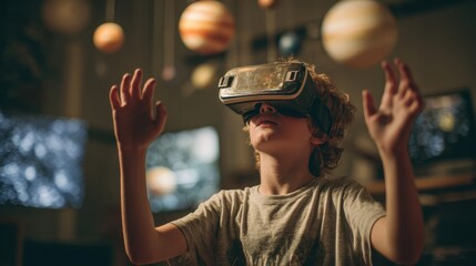 Young boy wearing virtual reality headset, interacting with digital space.