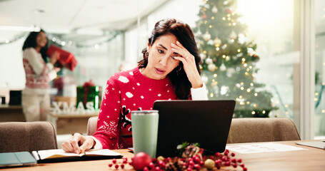 Office, stress and woman with laptop, Christmas and pressure of holiday campaign on website and...