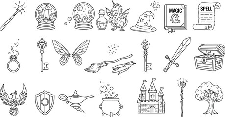 Vector art of a whimsical collection of magical elements, including a crystal ball, dragon, and spell book, isolated on white background