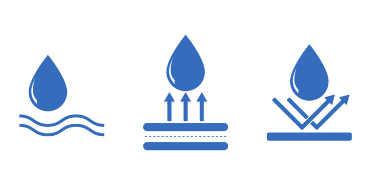 Set of waterproof and anti-weather icons. Blue vector drops with resistant symbols. Ideal for labels, packaging, fabric care, or digital interfaces indicating corrosion or moisture protection.