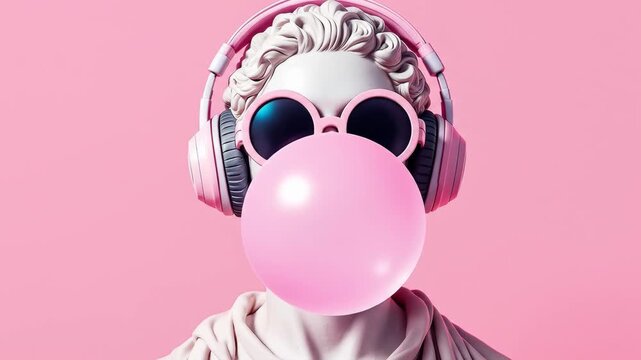 A statue head with sunglasses and headphones blowing a pink bubble gum on a pink background.
