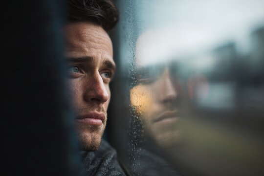 Pensive man looking out a window on a rainy day.