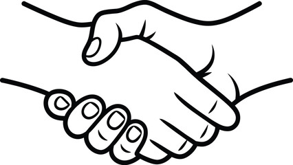 Line art of two hands shaking in agreement, black and white outlines, transparent
