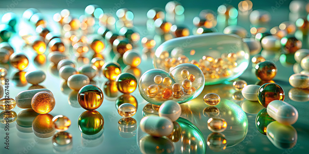 Poster an array of shiny pills and capsules in various shapes and colors is spread out on a reflective surf