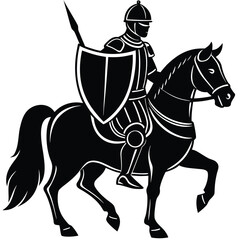 Fototapeta premium Silhouette of a knight in full armor riding a horse with a shield and lance