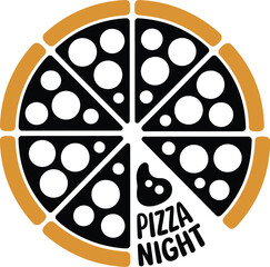 A stylized pizza with black slices and white circles with pizza night text on a white background