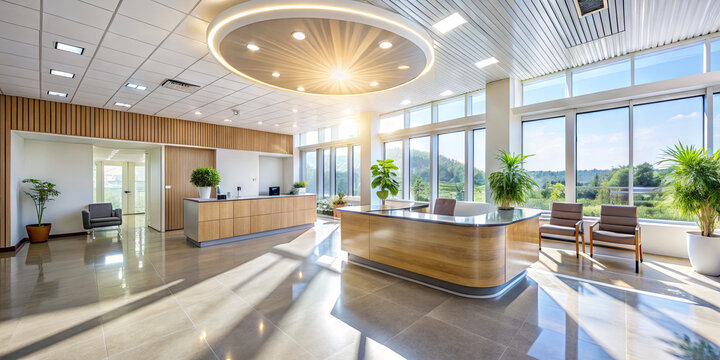 Spacious office reception showcases a sleek wooden desk, modern furnishings, and large windows allowing natural light and outdoor views of greenery