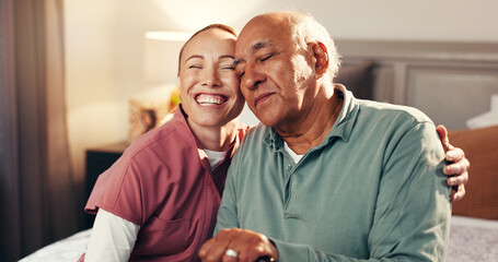 Happy, hug and nurse with senior man in home for support, empathy or compassion on good news. Smile, relax and caregiver embracing elderly male person in bedroom for healthcare checkup in house.